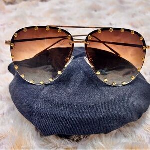 Gold Tone Stud-Trim Aviator Sunglasses - Brown Gradient